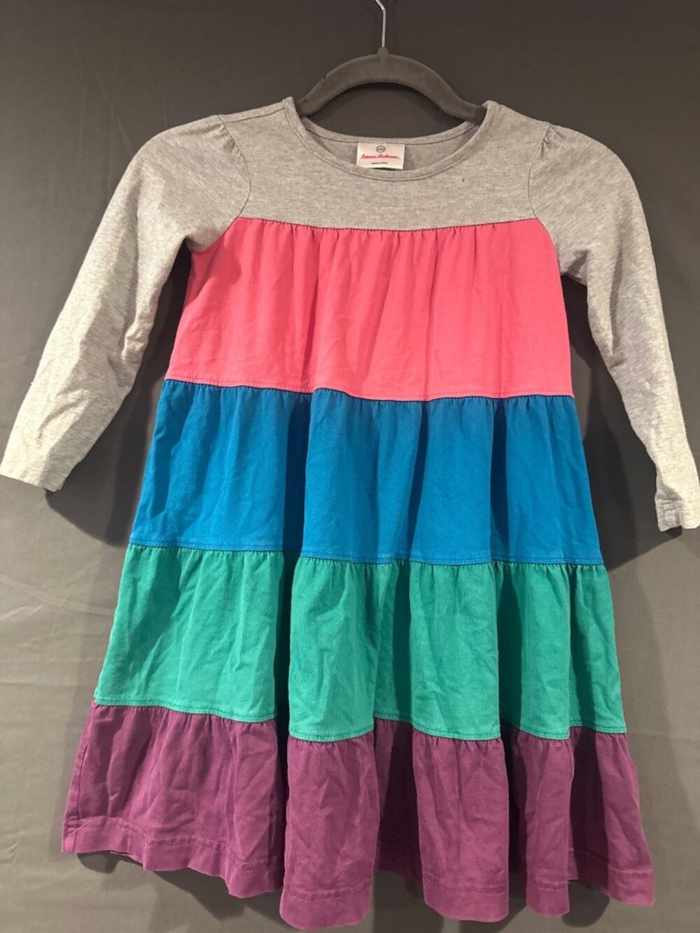 Hanna Andersson Girls 110 Rainbow Colorblock Tiered Dress Long Sleeve Playcore